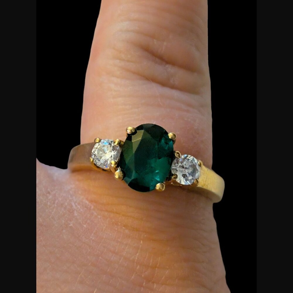 925 Sterling Silver Yellow Gold Vermeil Green And Clear Crystal Size 6.5 Ring